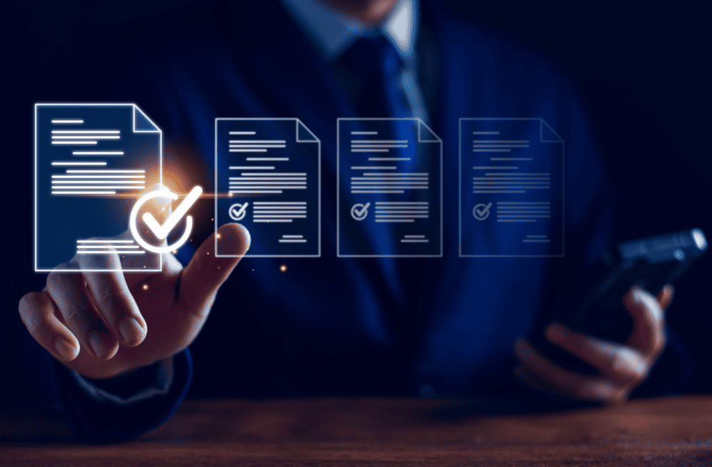 man pointing at file icons