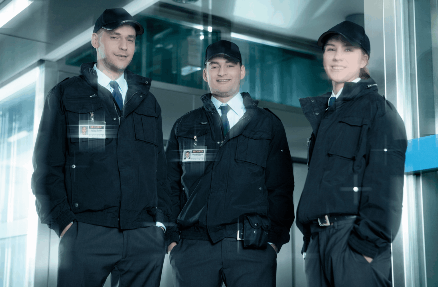 two men and one woman security guards smiling