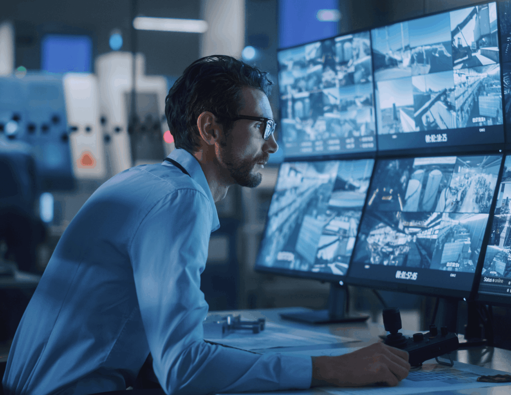 man with glasses looking at security camera video displayed on many screens