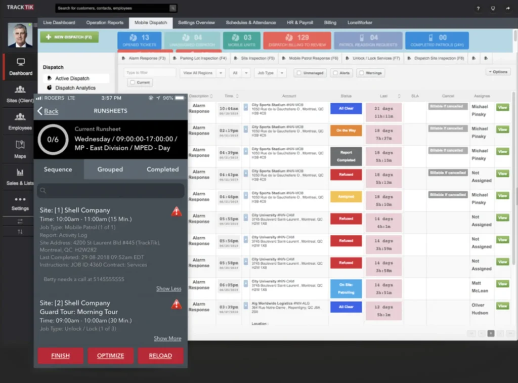 How To Boost Guard Efficiency With Real-Time Dispatch 11 TrackTik real-time dispatch interface showing officer locations on a map