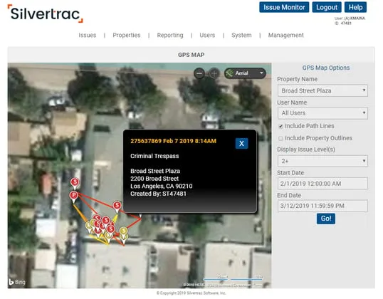 GPS issue tracking system showing an officer route and a reported issue