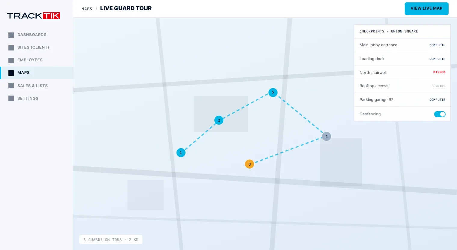 Security Operations 2 Live map tracking guard movements and checkpoint completion across a site