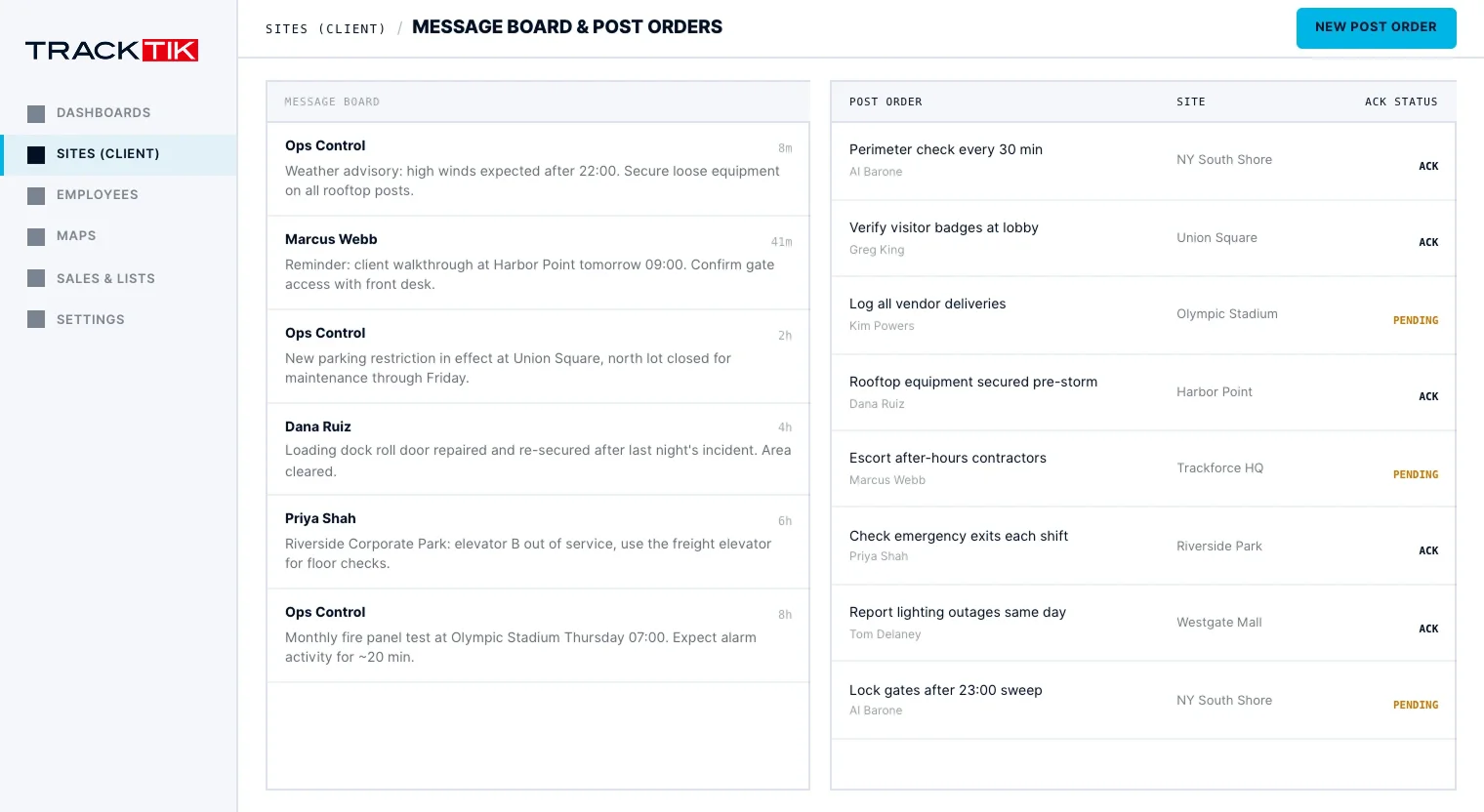 Security Operations 5 TrackTik message board with digital post order acknowledgment and task tracking