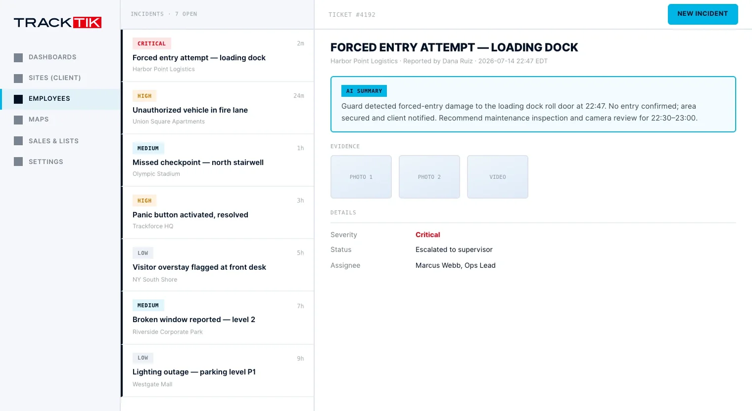 Security Operations 3 TrackTik incident form with ReportPro AI writing, severity levels and multimedia evidence