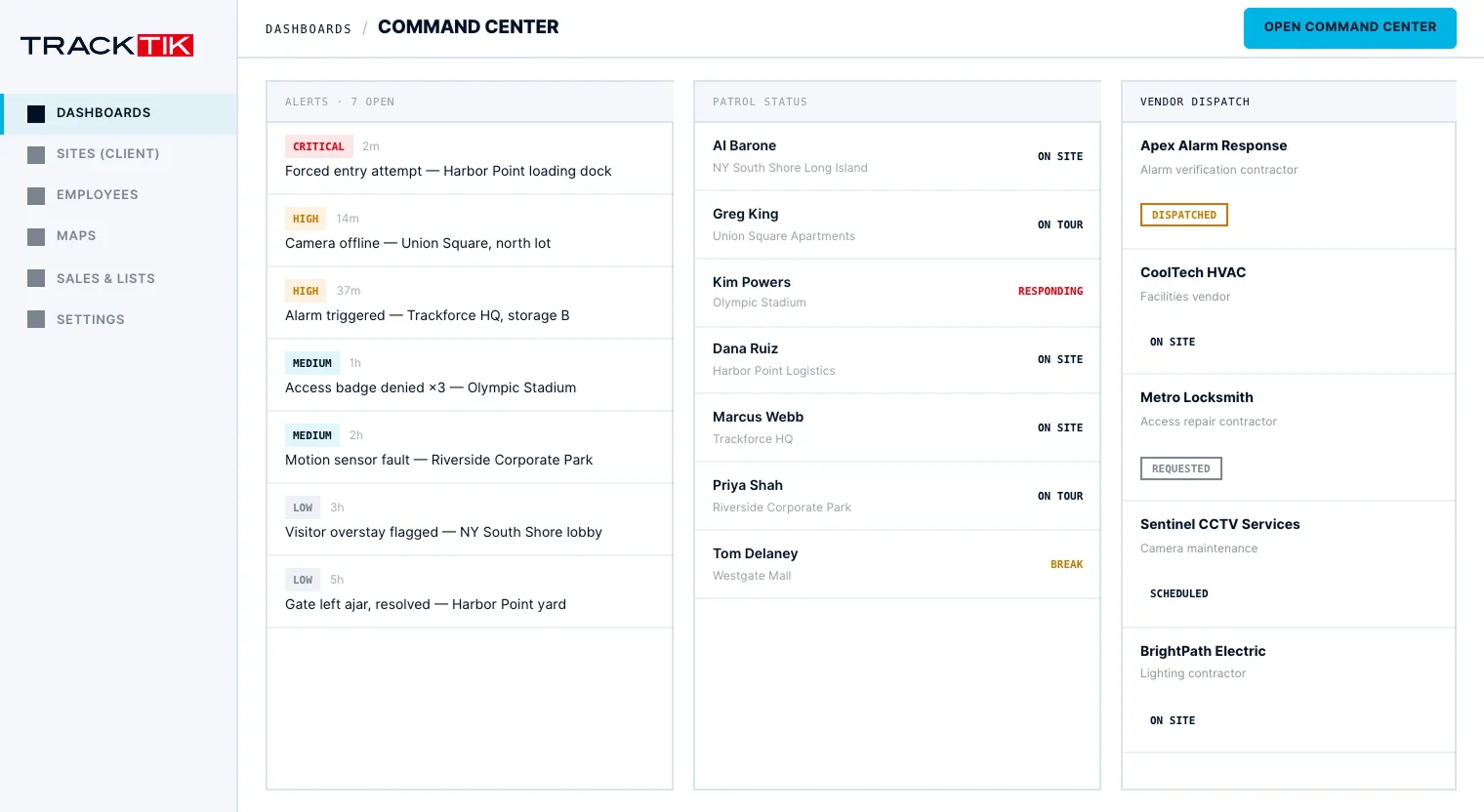 Security Operations 4 TrackTik Command Center consolidating alerts, patrols, incidents and dispatch in one interface