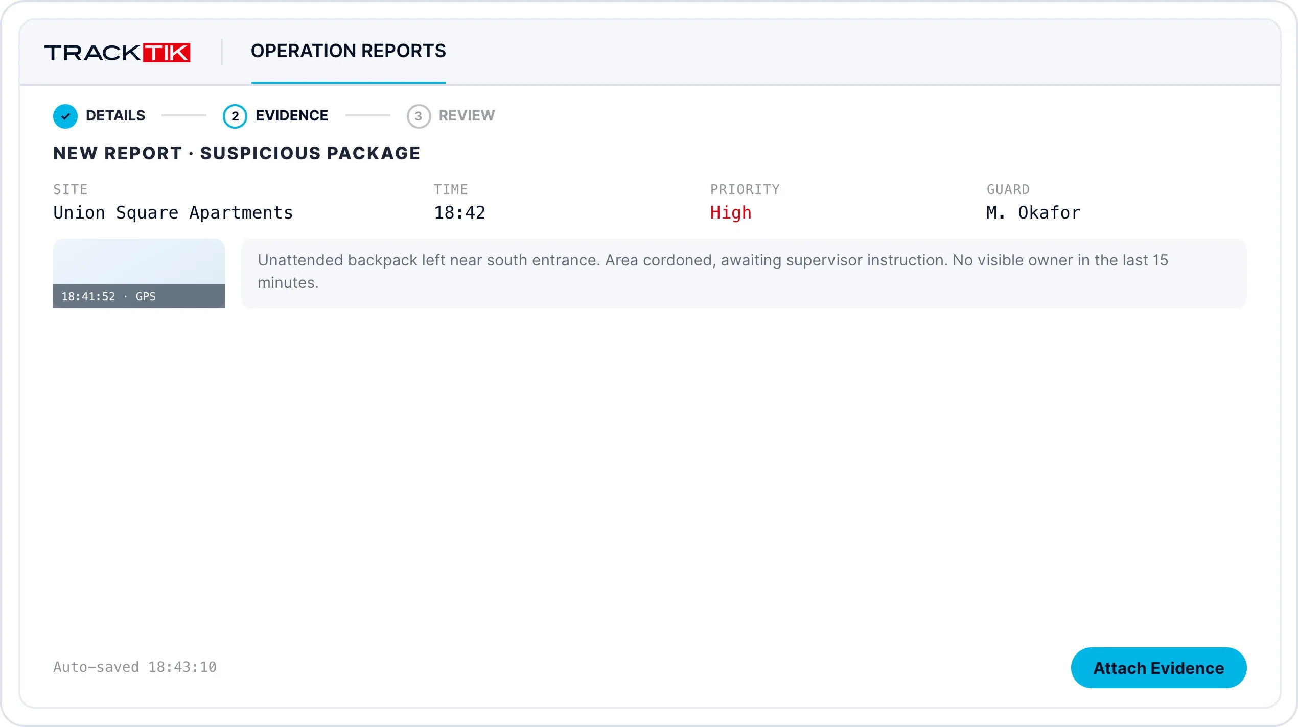 Security Incident Reporting 2 Step-by-step guided reporting in the TrackTik mobile app during a guard's tour