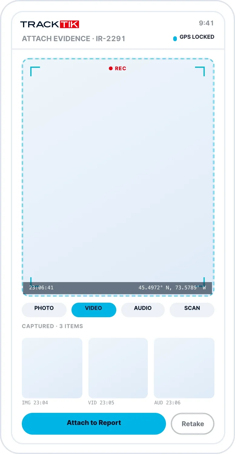 Security Incident Reporting 7 TrackTik incident report form shown on a mobile device screen