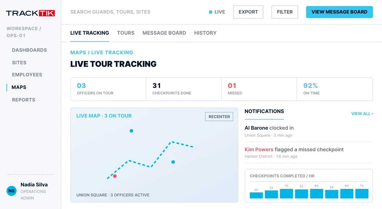 Security Guard Tour System 3 Alertas de excepción de TrackTik que señalan un turno no cubierto y una ronda de vigilancia retrasada