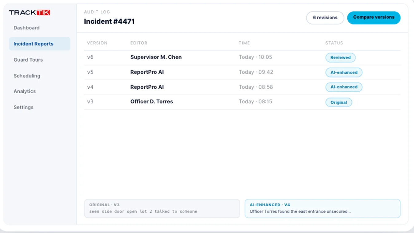 Reportpro Ai 4 ReportPro AI audit log showing original guard notes beside the AI-enhanced version