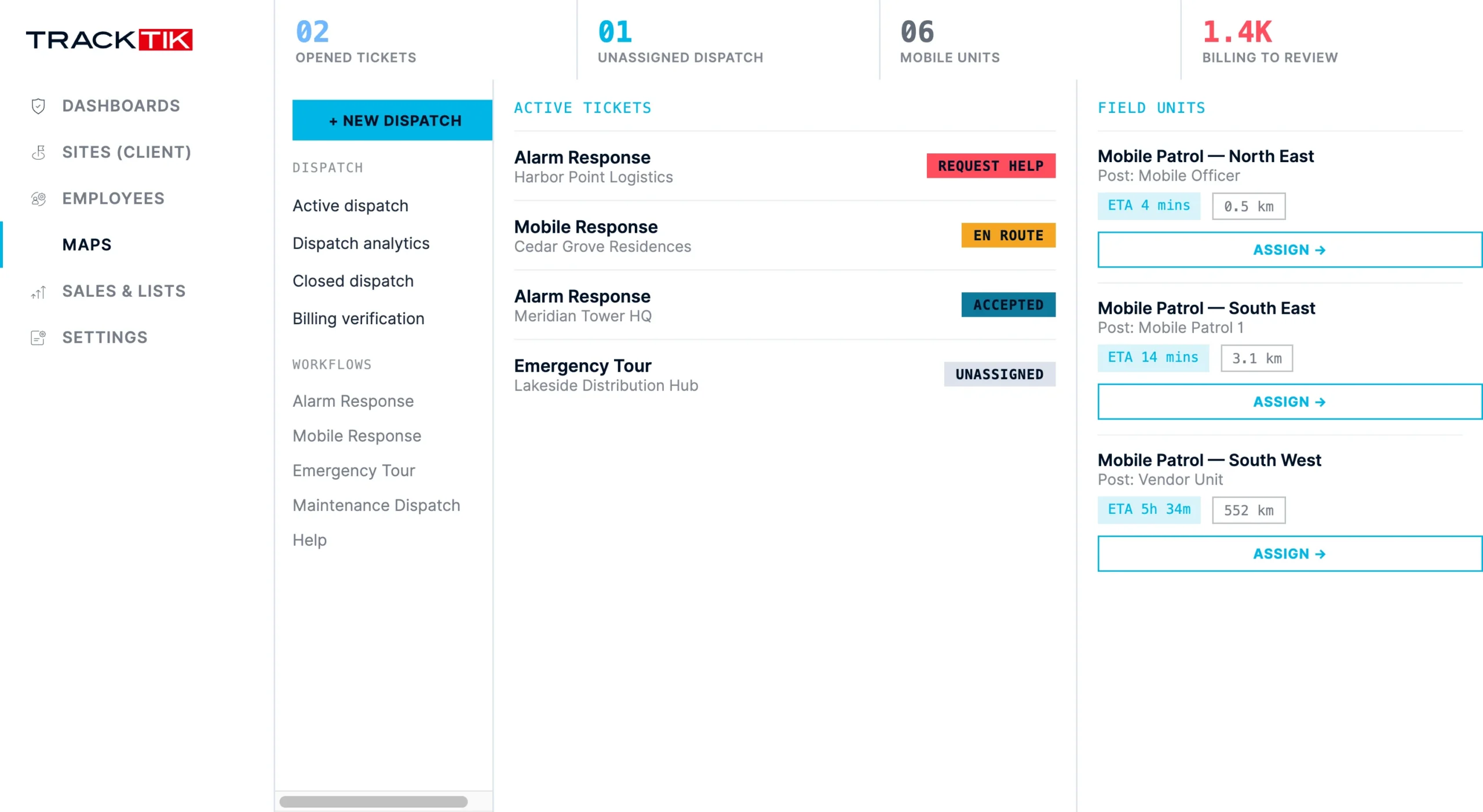 Security Guard Dispatch 2 Dispatch map showing nearest available officers with location, status and ETA