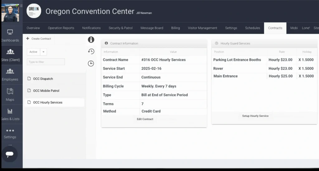 TrackTik contract information screen with billing cycle and hourly guard service rates
