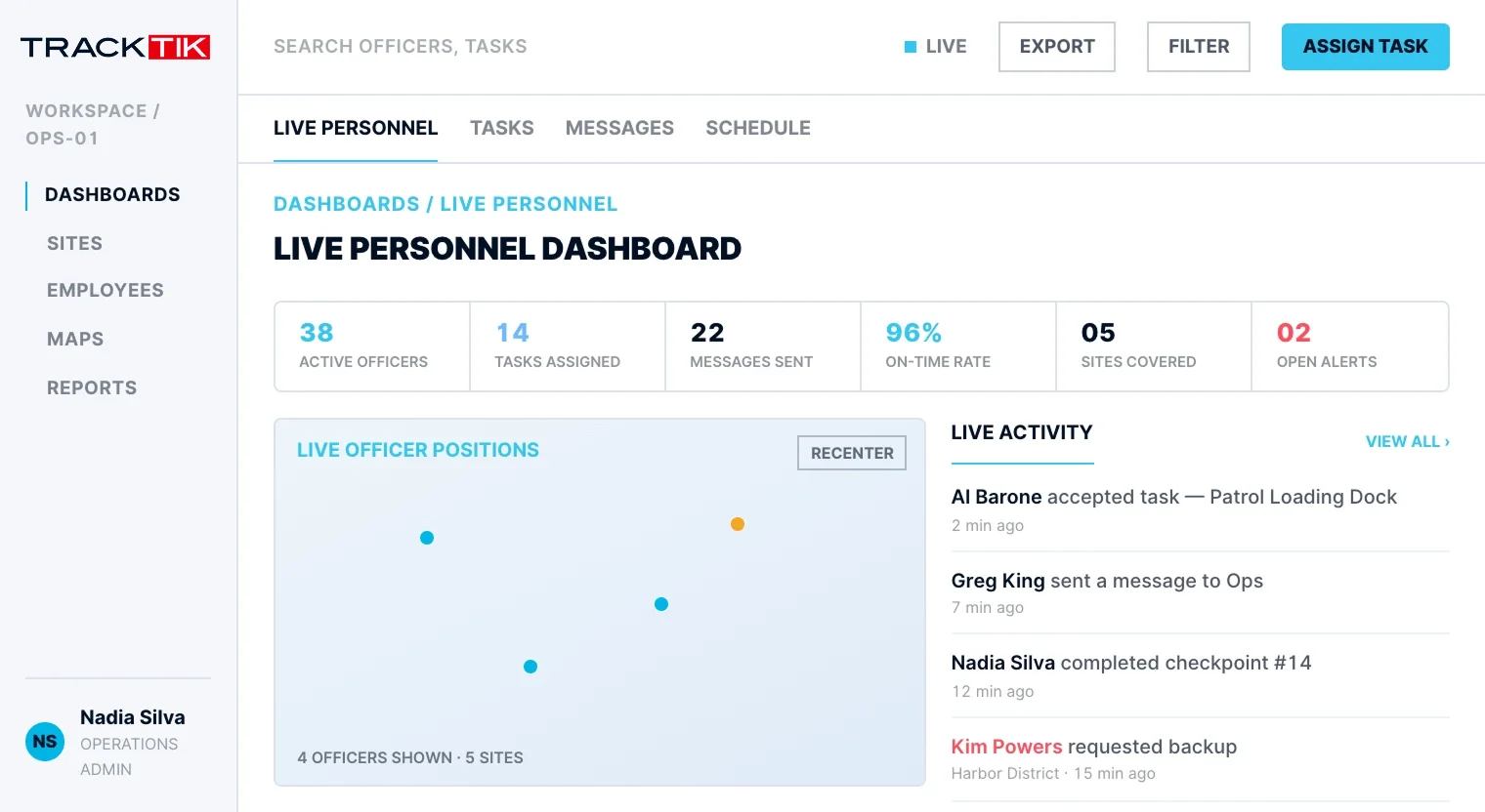 Real-time map tracking officers in the field with live messaging and task assignment