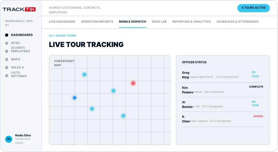 Le système de suivi des rondes de sécurité TrackTik enregistre les points de contrôle des agents sur une carte en temps réel.