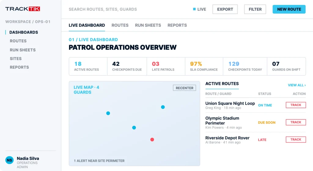 TrackTik – mobiles Dashboard für den Live-Einsatz von Streifenteams zur Verfolgung des Streifengangs an verschiedenen Standorten