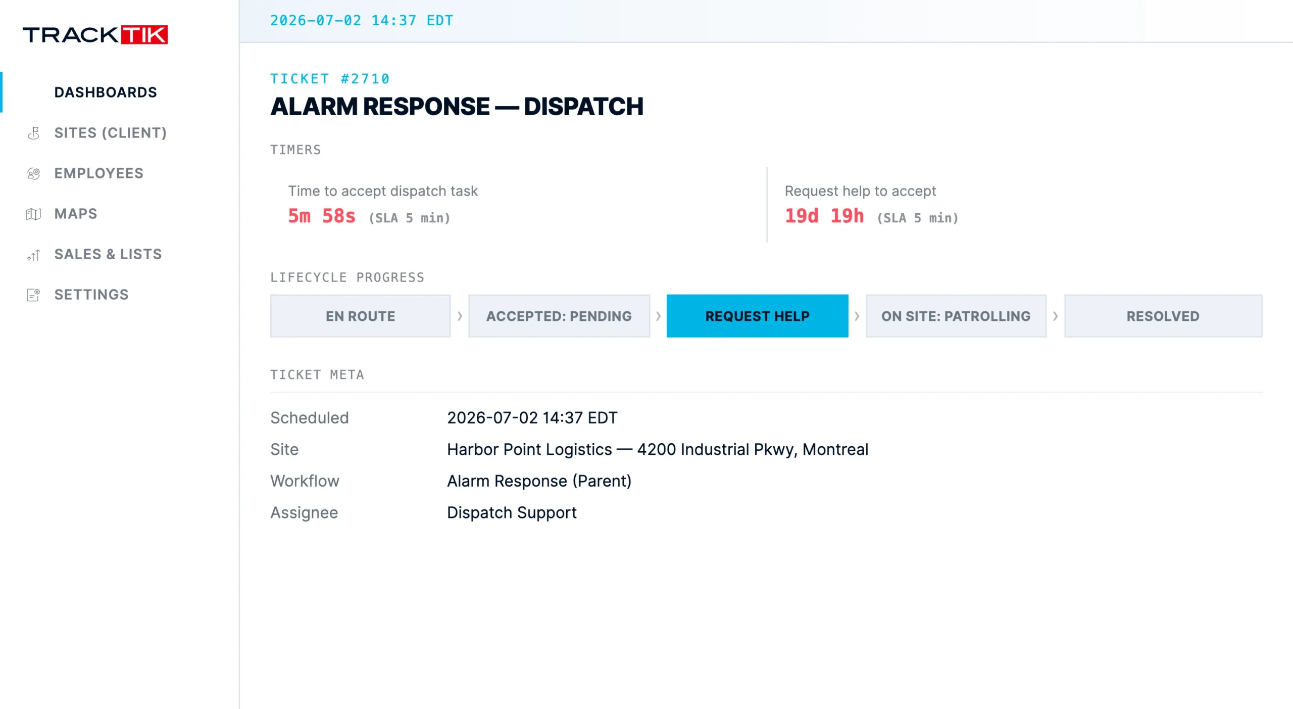 Security Guard Dispatch 5 Live map of on-duty personnel with warning and alert thresholds per dispatch status
