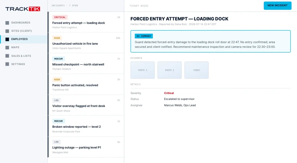 El software de respuesta ante incidentes de seguridad TrackTik muestra un formulario de incidente con el texto generado por ReportPro AI, los niveles de gravedad y las pruebas multimedia.