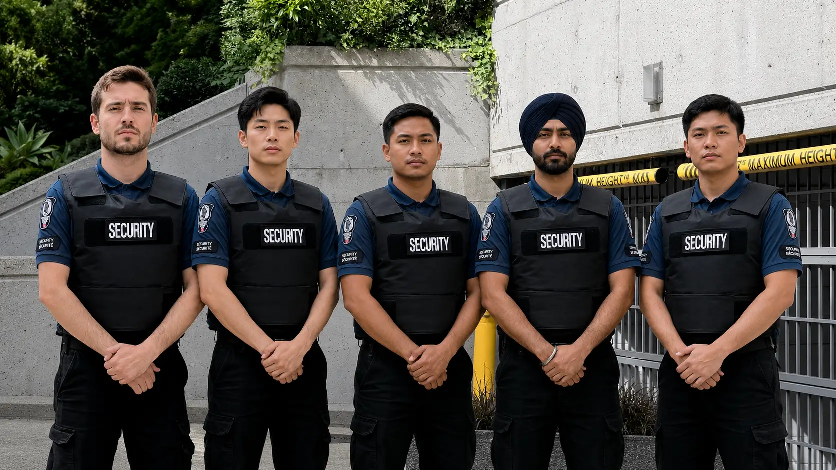 Five uniformed Armour Security guards standing together outside a client site
