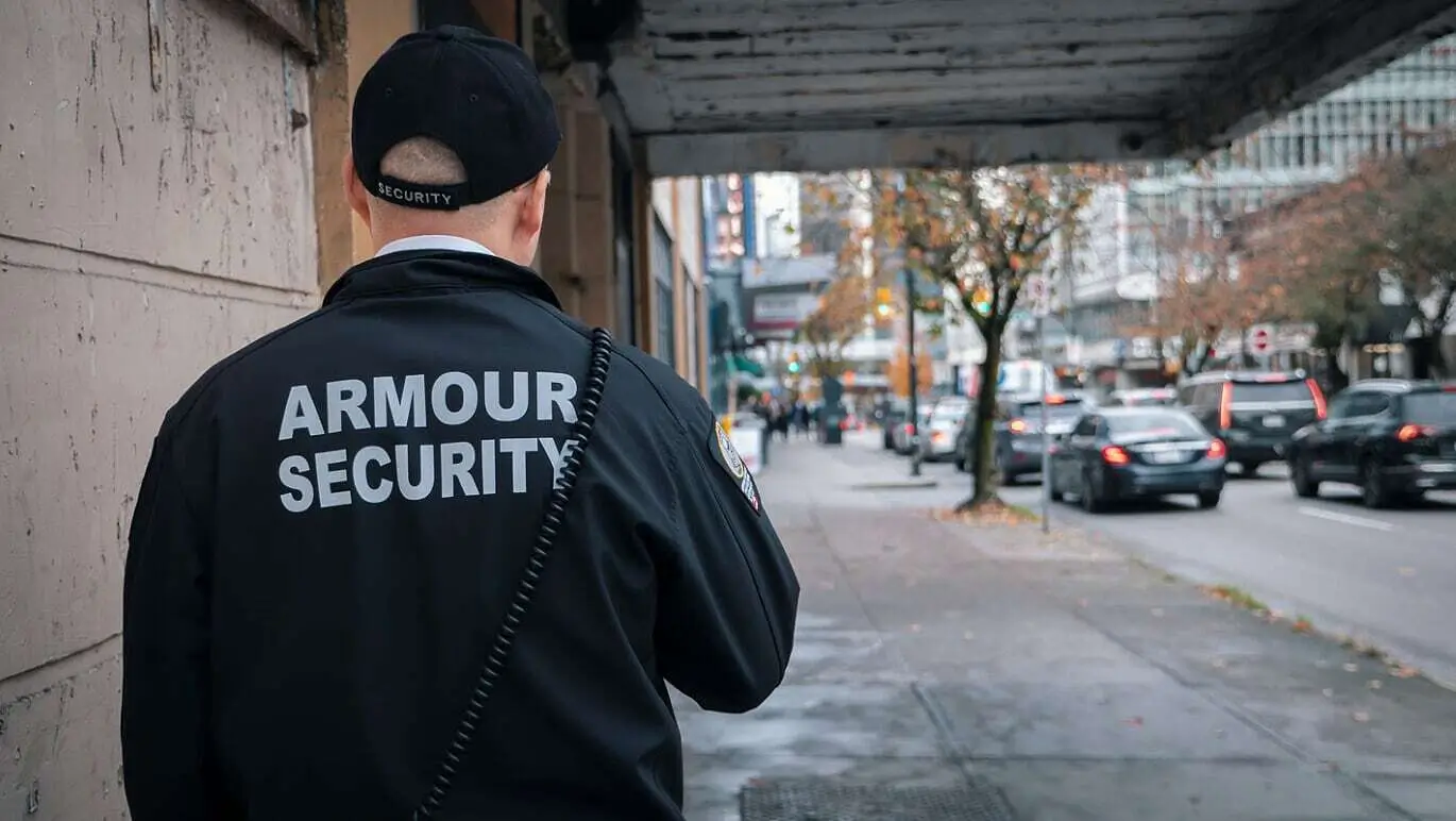 An Armour Security guard on foot patrol on a downtown Vancouver street