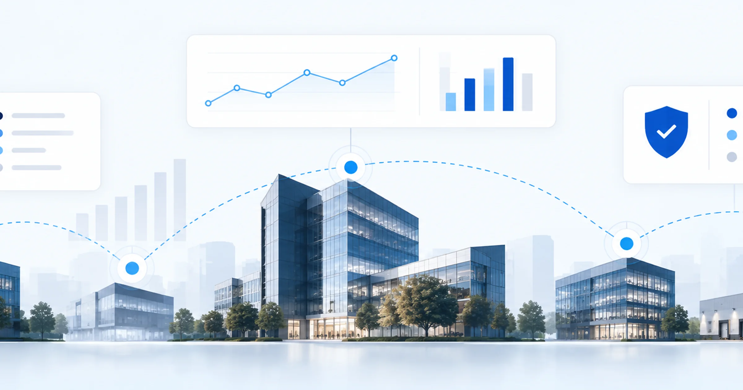 Corporate office campus with TrackTik dashboards showing incident trends and connected multi-site coverage