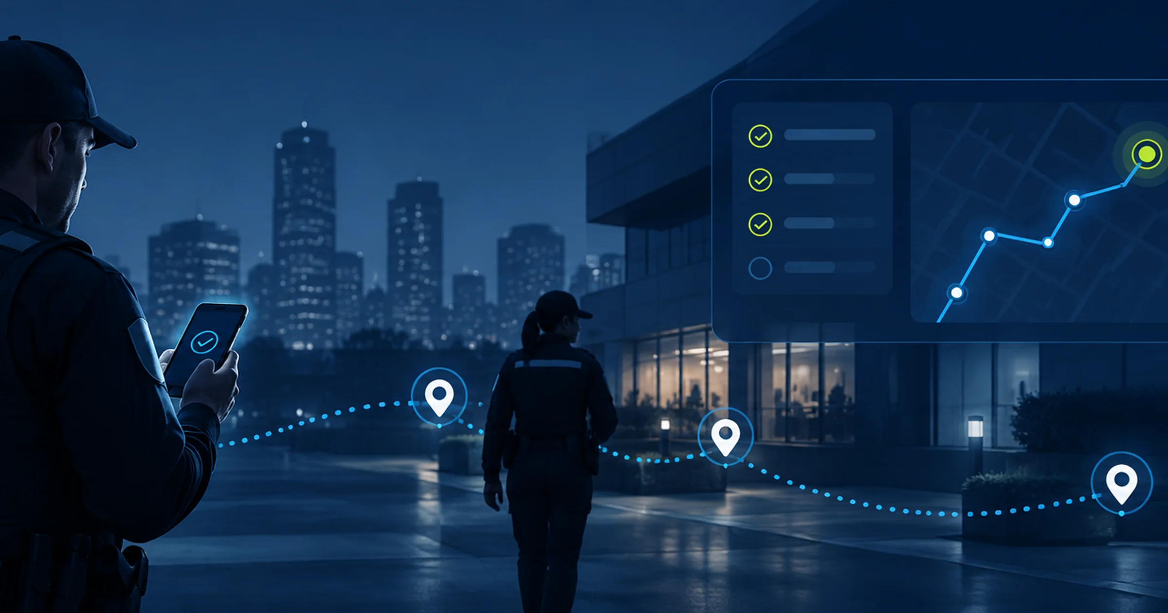 Security officers on night patrol using the TrackTik mobile app, with live checkpoint map and task checklist