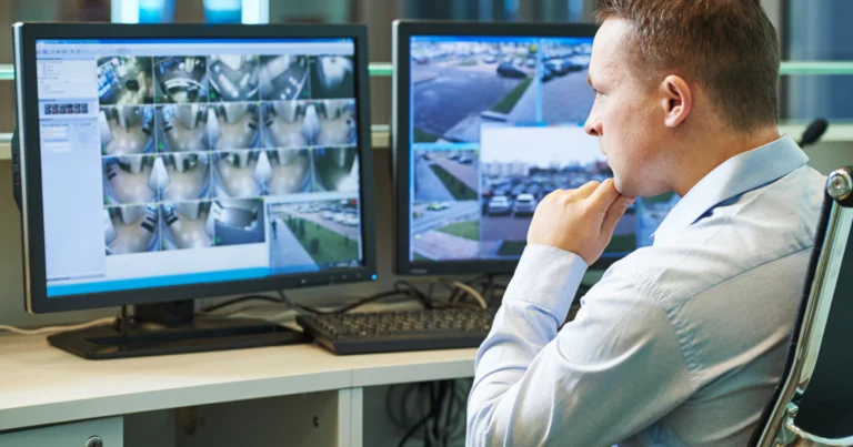El responsable de operaciones de seguridad revisa las imágenes en directo de las cámaras de vigilancia en dos monitores