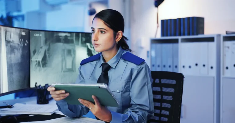 Security officer reviewing an incident report on a tablet in a security operations center with CCTV monitors